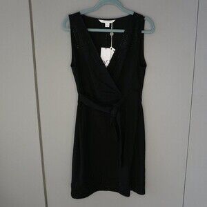 Diane von Furstenberg Black Crepe Beaded 'Bella' Faux Wrap Dress size 8 NWT